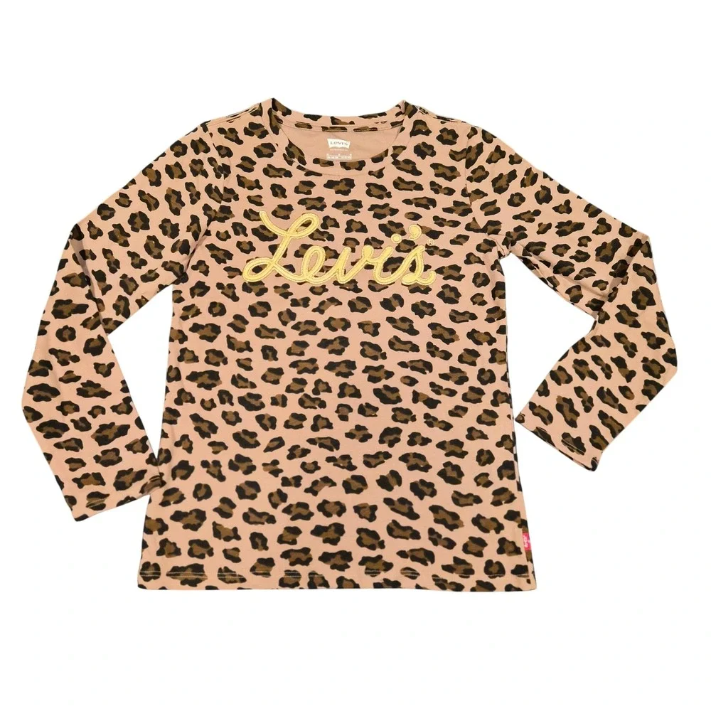 Levi's Girls Leopard Print Long Sleeve Graphic Tee Gold Logo Brown M 10-12